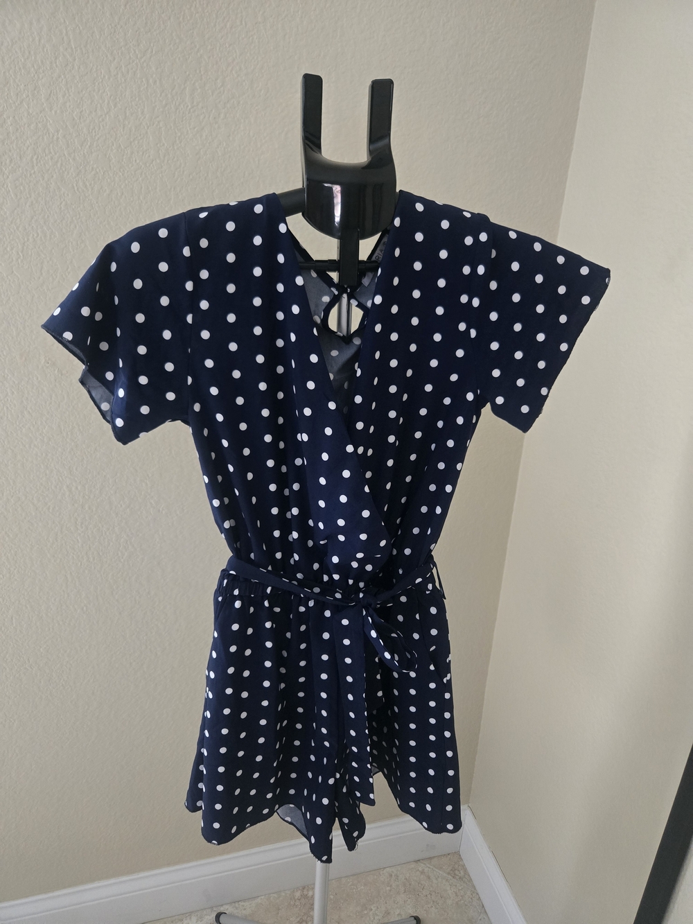ReoRia Navy and White Polka Dot Wrap Romper